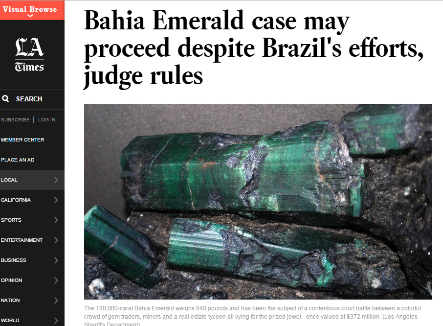 Disputa dipomática por esmeralda achada no Brasil, em destaque no jornal 'L.A. Times'