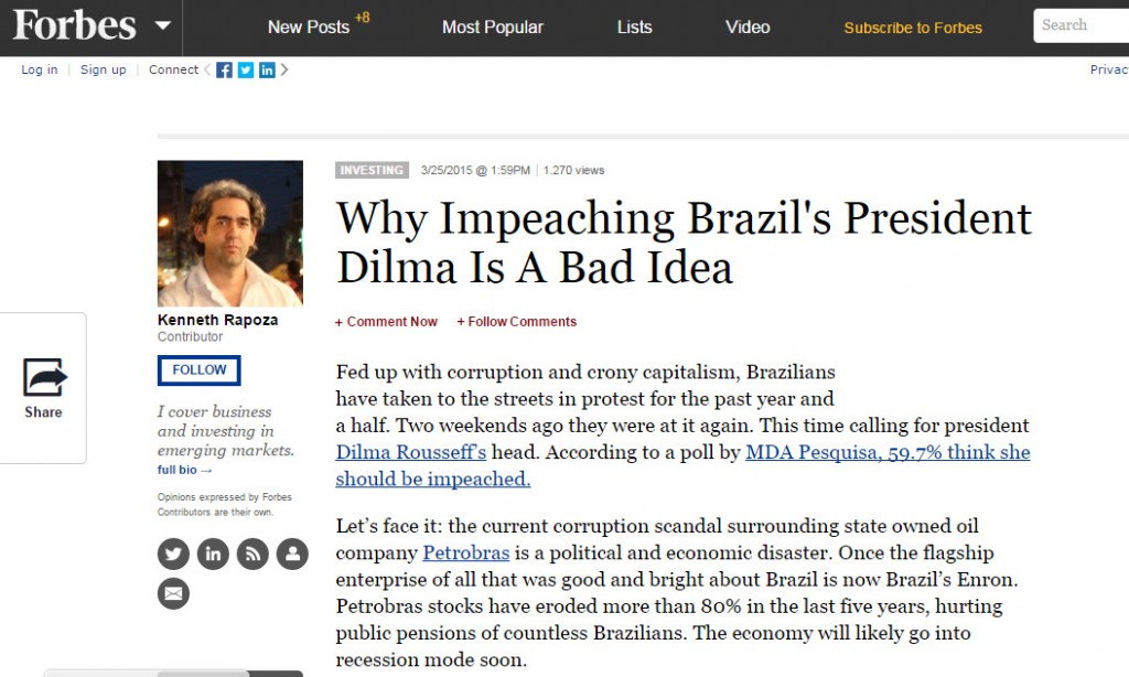 Artigo da 'Forbes' diz que o impeachment é uma má ideia