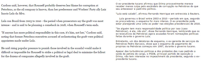 Duas versões da entrevista da Reuters com FHC. À esquerda em inglês, sem menção à corrupção em 1997, e à direita em português, com o parágrafo que gerou polêmica.