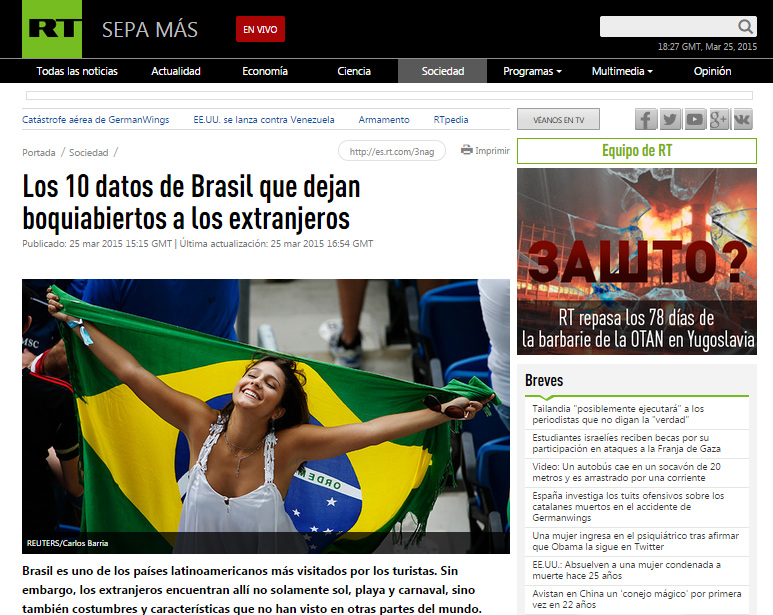 Página em espanhol da rede russa RT, falando sobre surpresas no Brasil