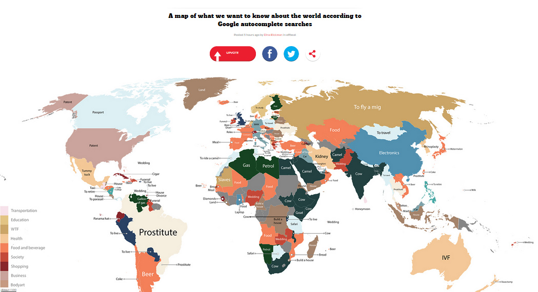Mapa mostra as palavras mais buscadas em relação a cada país em pesquisas sobre preços