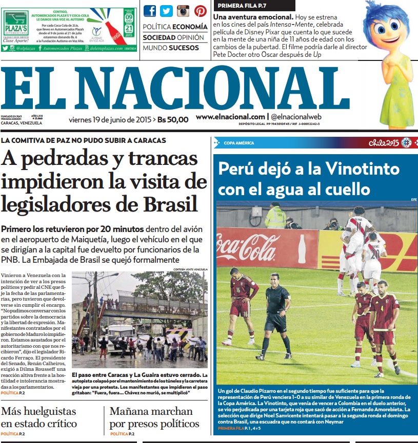 Capa do jornal venezuelano 'El Nacional', com destaque para a visita dos senadores brasileiros