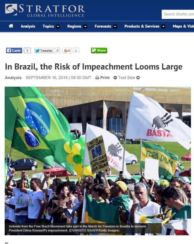 Análise da agência de inteligênncia geopolítica Stratfor aponta aumento no risco de impeachment no Brasil