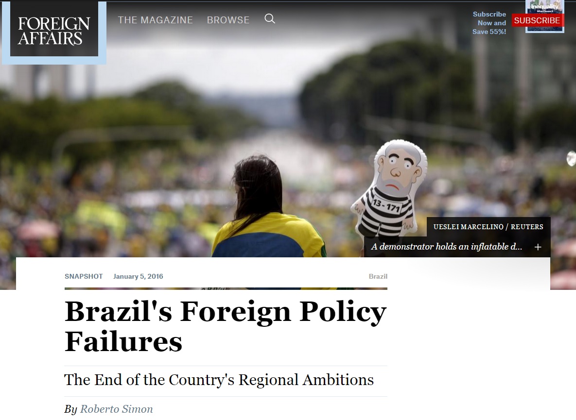 Revista de diplomacia analisa 'fracasso' da política externa do Brasil