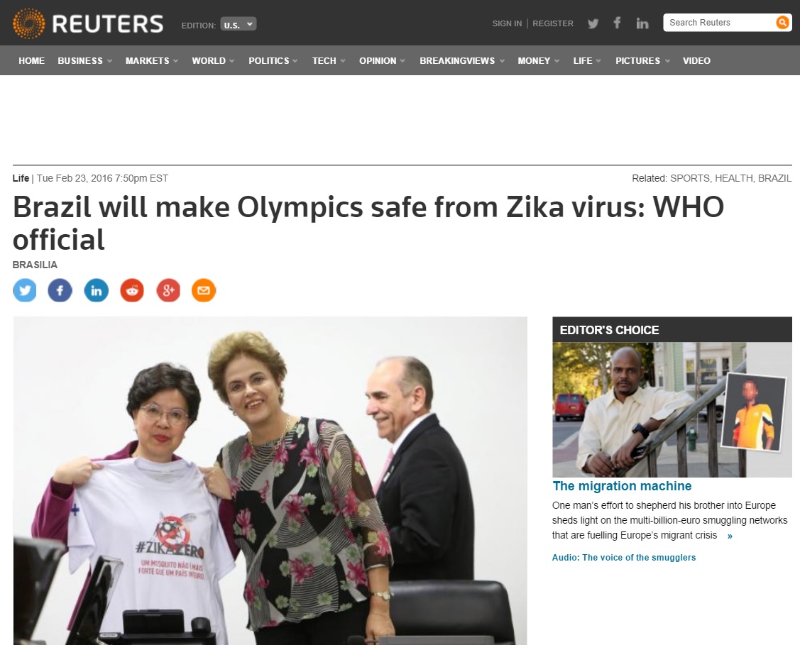 Diretora da OMS diz confiar que Brasil terá Olimpíada livre de zika