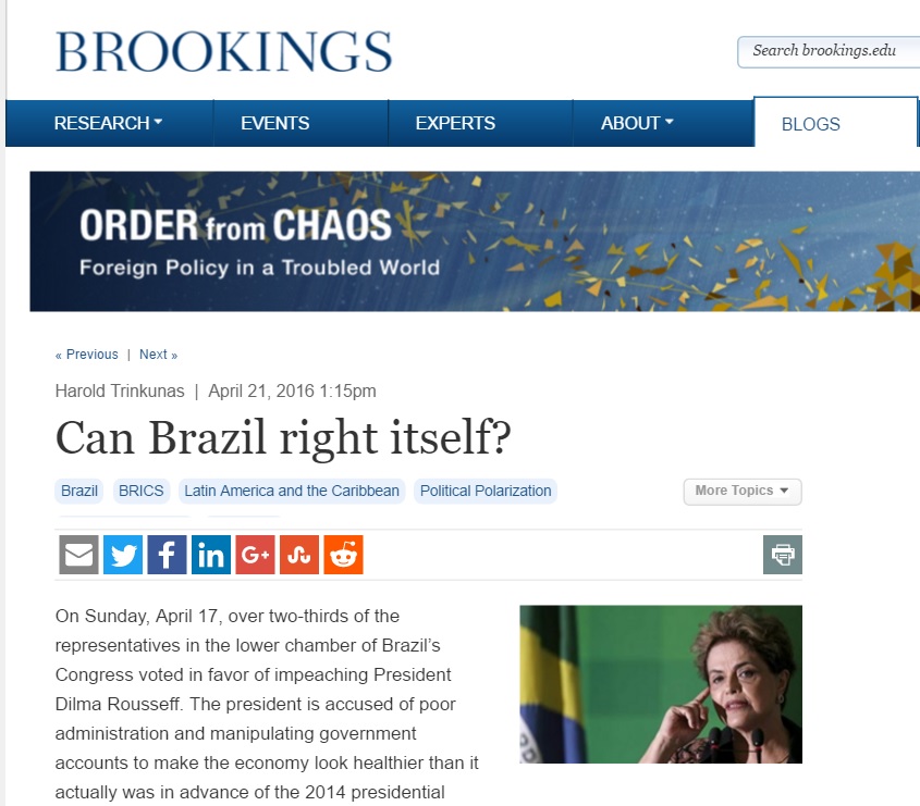 Harold Trinkunas: Crises enfraquecem aspirações globais do Brasil
