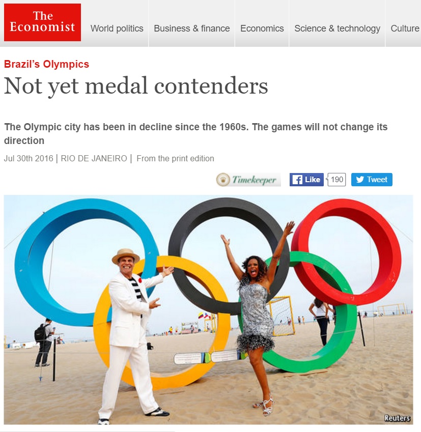 'Economist': Olimpíada não vai interromper décadas de declínio do Rio