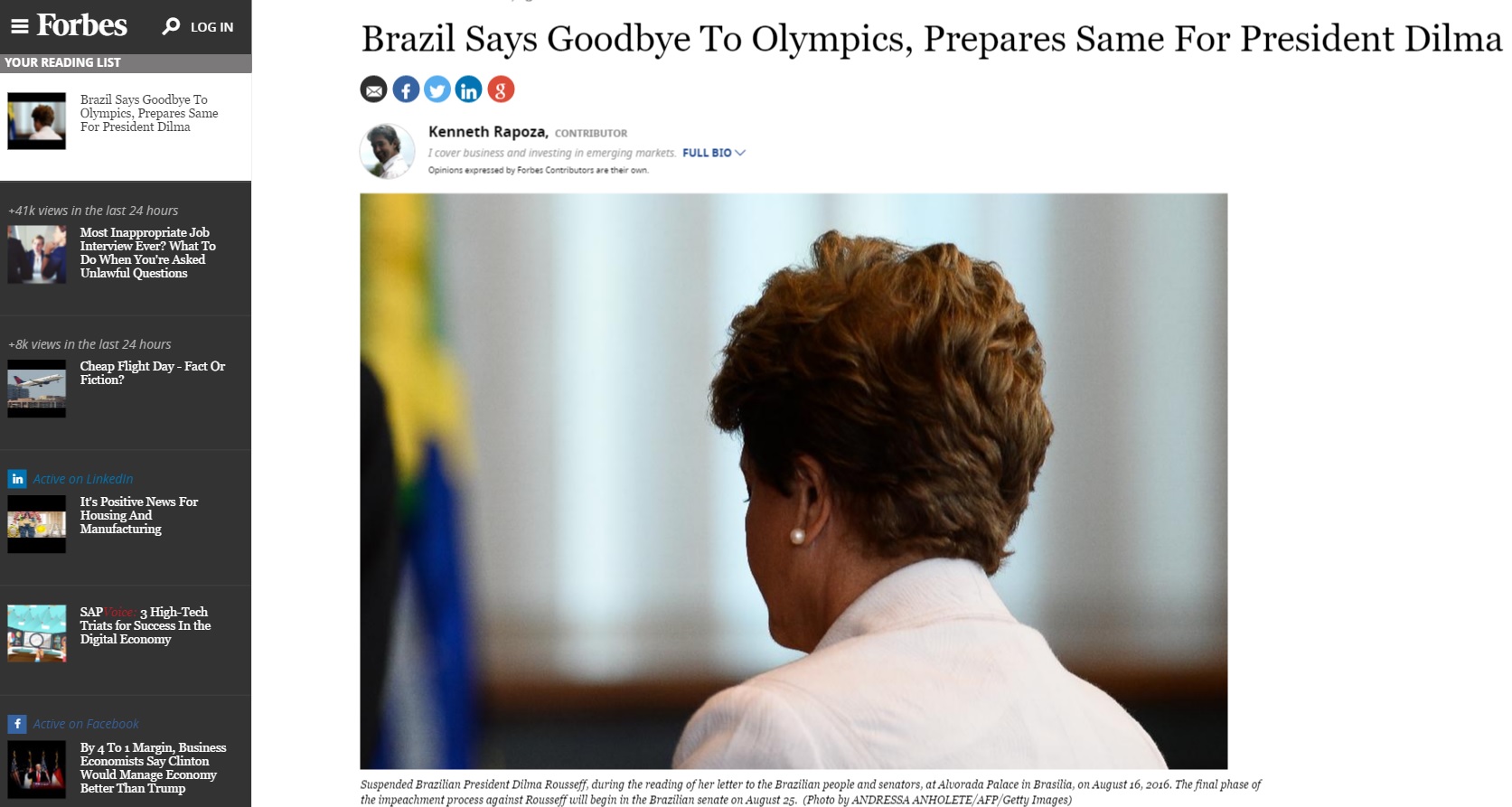 'Forbes': Brasil dá adeus a Olimpíada e já prepara despedida de Dilma