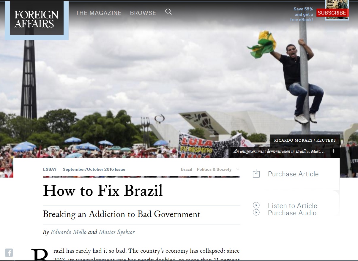 'Foreign Affairs': Sistema político brasileiro é 'viciado' em maus governos