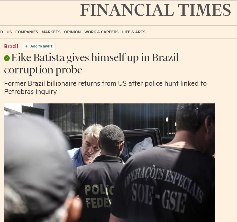 Prisão de Eike é simbolo global de crise e luta contra corrupção no Brasil