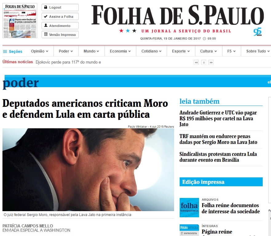 Deu na 'Folha': Em carta, deputados dos EUA criticam Moro e defendem Lula